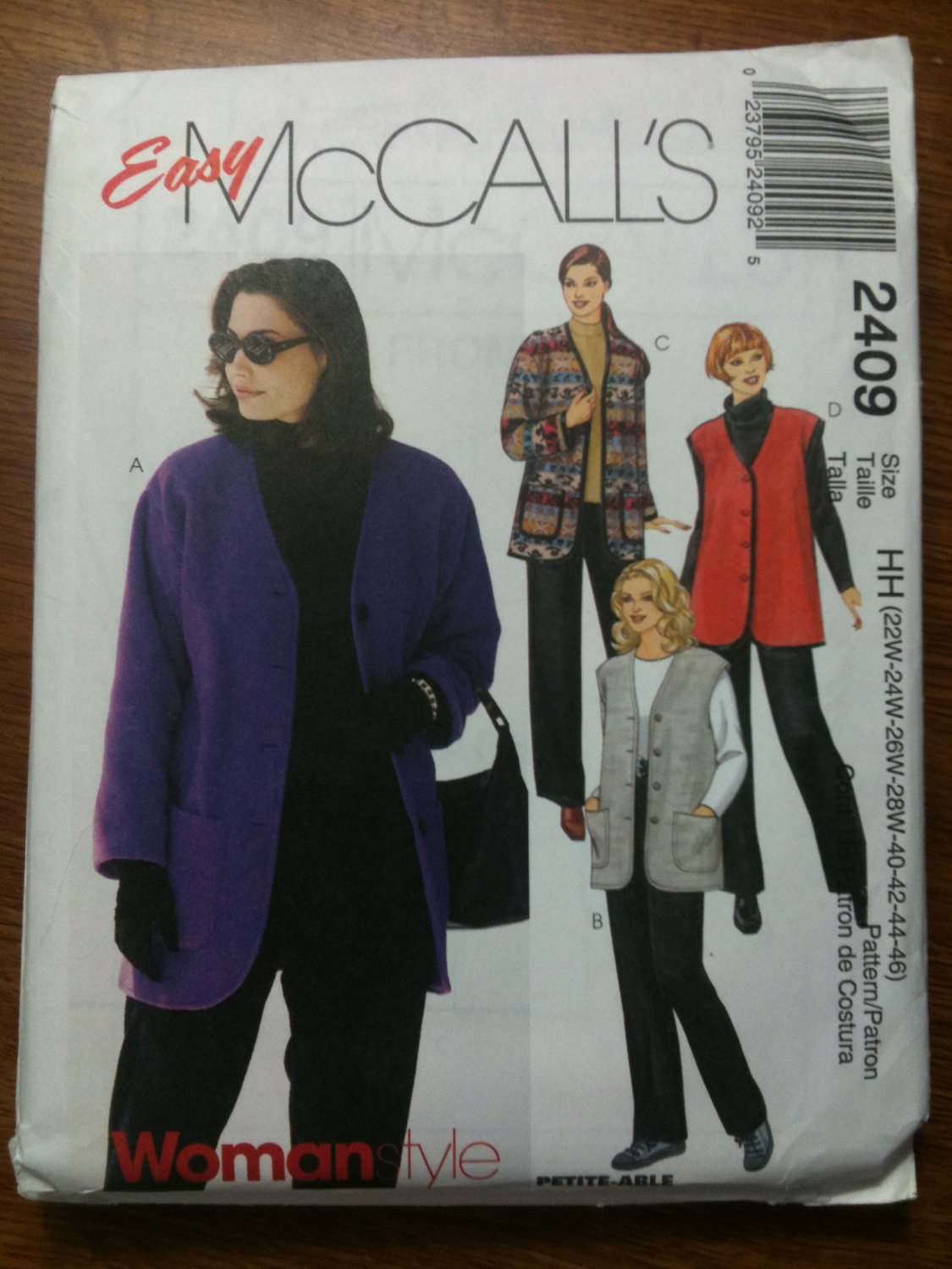 McCall's 2409 Women's Unlined Jacket, Vest and Pull-on Pants Size KK