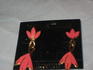 Gold Pink Twisted Lily Dangle Earrings Costume Enamel