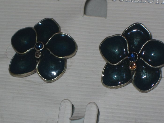 Enamel Silver Flower Post Stud Earrings Blue Rhinestone