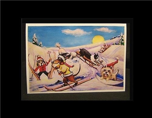 10 Original Fine Art Pet Dog Holiday Greeting Cards / Envelopes Set CHRISTMAS Winter Snow Scene