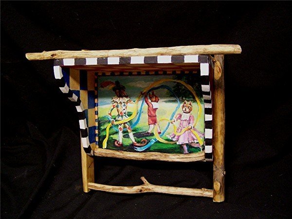 Artist Handpainted Folk Art Wood Wall Shelf / Towel Rack with Sticks