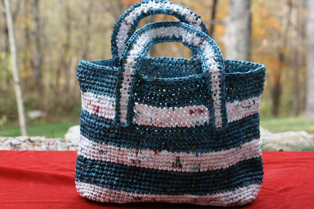 White Tote with Blue Stripes