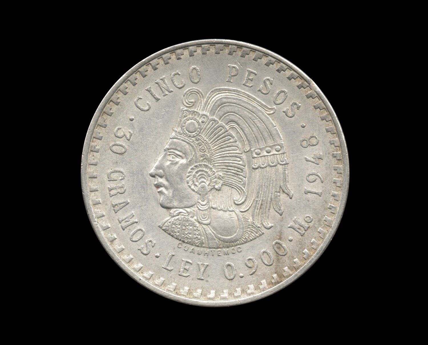 1948 Mexican Cuauhtemoc 5 Peso Silver Coin, .8681 ASW
