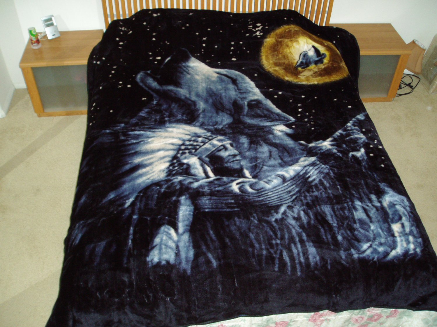 Wolf And Incian Chief, mink style soft and warm queen size blanket, Q967E