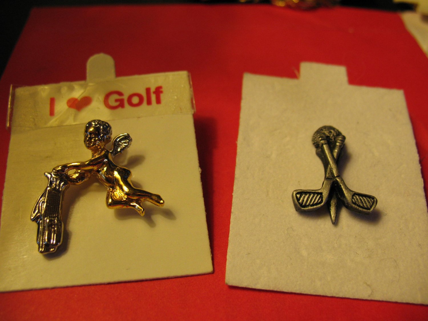 2 Golf Lapel Pins Guardian Angel with Golf Bag Pinback & Golf Clubs
