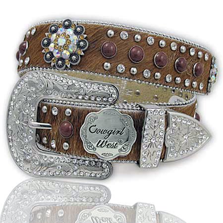 COWGIRL WEST rhinestone rocked, hair on hide leather western belt