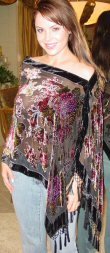 Oblong Beaded Rose Design Velvet Poncho with Hanging Crochet Fringe