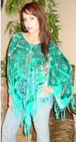 Beaded Peacock Design Velvet Poncho with Hanging Crochet Fringe