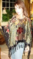 Four Peacock Design Velvet Poncho with Hanging Crochet Fringe