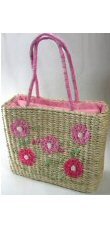 Extra Large Woven Straw Double Strap Handbags with Front Flower Design