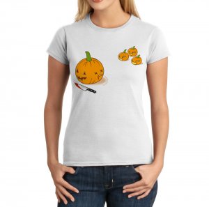Junior Fit Ladies' T-Shirt - Size S - White - Kawaii Halloween Pumpkins