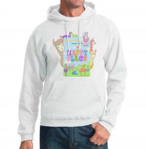 Kawaii Hoodie - Size L - White - Llamas Happy Place Sweatshirt