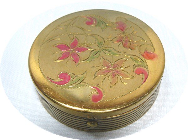 Vintage Round Gold Tone Compact with Dainty Flowers Etched on Top, Black Enamel Accents