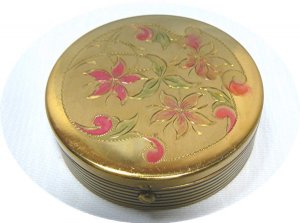 Vintage Round Gold Tone Compact with Dainty Flowers Etched on Top, Black Enamel Accents