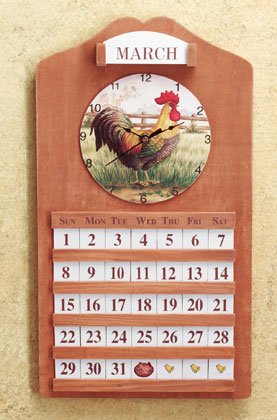 Wooden Calendar and Clock With Rooster