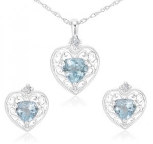 2.5 Carat Blue Topaz Heart Earrings and Pendant Set with Filigree Design