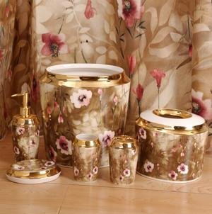 Katchia Gold Brown Rose Pink Floral Complete 7pc Bathroom Set with Shower Curtain