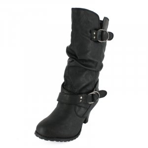 Mid-Calf Boots with Dual Buckle Black PU REVIE-03