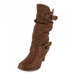 Mid-Calf Boots with Dual BuckleTaupe PU REVIE-03