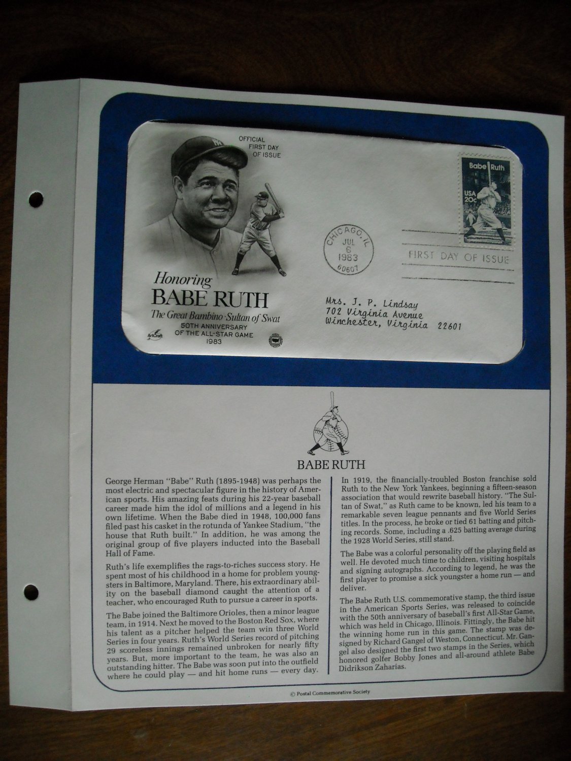 Honoring Babe Ruth Postal Commemorative Society First Day Cover Sheet