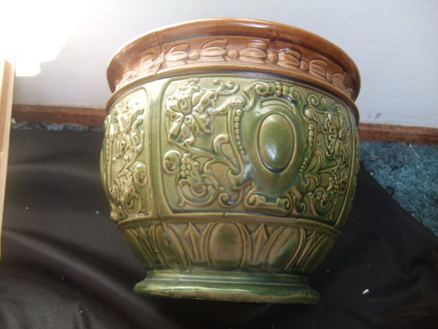 Old Majolica Jardaniere Type Pot Brown And Green 7 Inches Tall