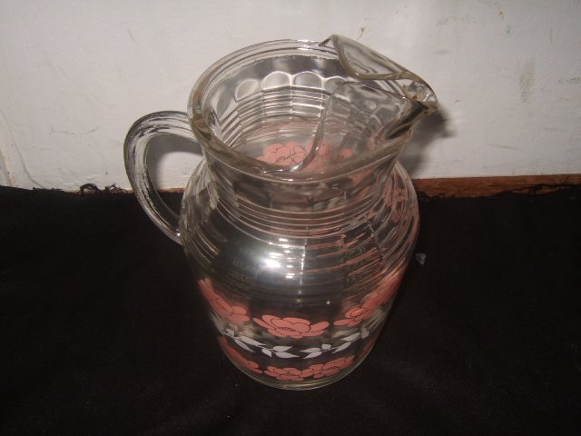 Decorative 70's Glass Pitcher Pink And White Floral Pattern
