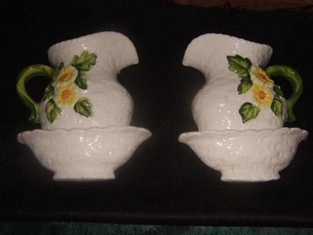 Pair of Lefton Wall Hangers White Flowered Pitcher
