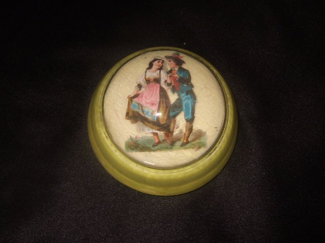 Gorgeous Yellow Paperweight With Turn Of The Century Couple
