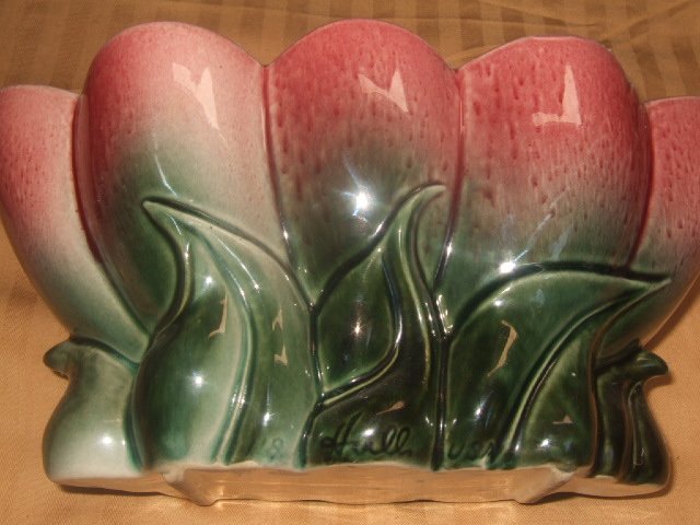 Elongated Two Footed Hull Vase Pink/Green 4.5 by 10