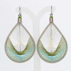 Woven nylon teardrop earrings - green, blue and white