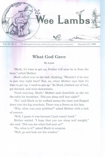 Wee Lambs Volume 33 No. 3 January 21 1996 ~ Rod and Staff Publishers ~ Back Issue Leaflet