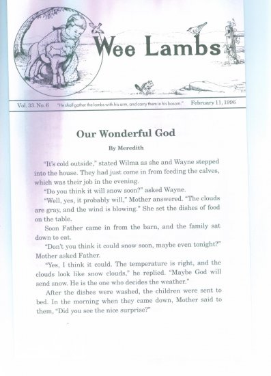 Wee Lambs Volume 33 No. 6 February 11 1996 ~ Rod and Staff Publishers ~ Back Issue Leaflet