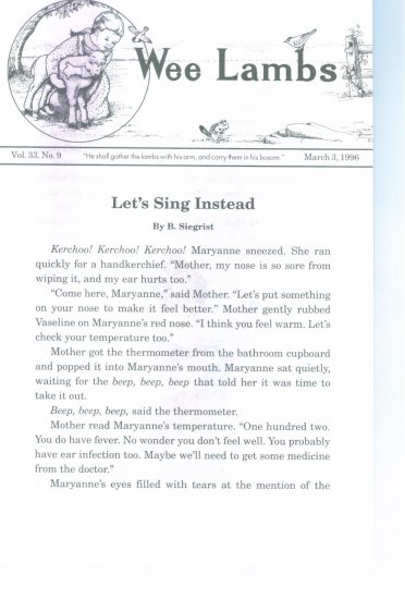 Wee Lambs Volume 33 No. 9 March 3 1996 ~ Rod and Staff Publishers ~ Back Issue Leaflet