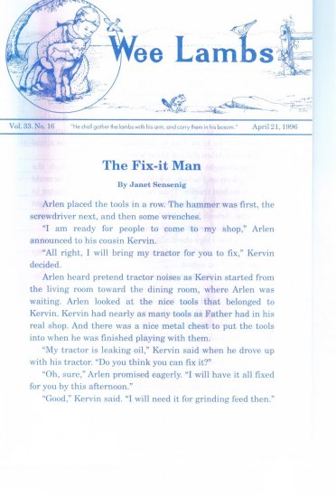 Wee Lambs Volume 33 No. 16 April 21 1996 ~ Rod and Staff Publishers ~ Back Issue Leaflet