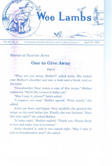 Wee Lambs Volume 33 No. 17 April 28 1996 ~ Rod and Staff Publishers ~ Back Issue Leaflet