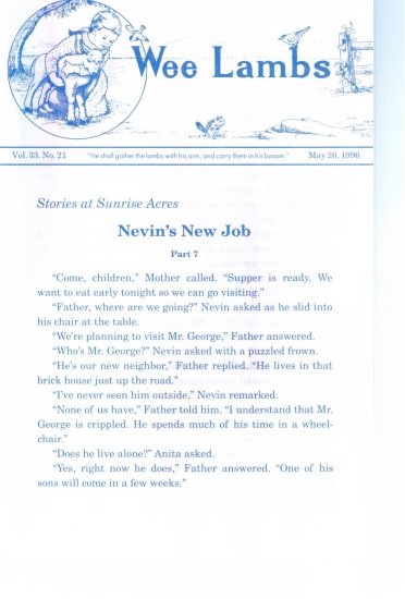 Wee Lambs Volume 33 No. 21 May 26 1996 ~ Rod and Staff Publishers ~ Back Issue Leaflet