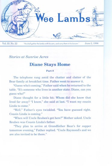 Wee Lambs Volume 33 No. 22 June 2 1996 ~ Rod and Staff Publishers ~ Back Issue Leaflet