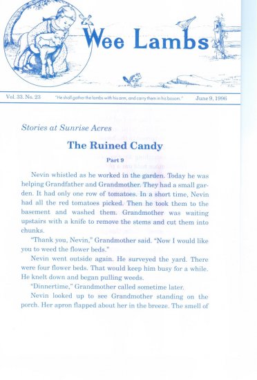 Wee Lambs Volume 33 No. 23 June 9 1996 ~ Rod and Staff Publishers ~ Back Issue Leaflet