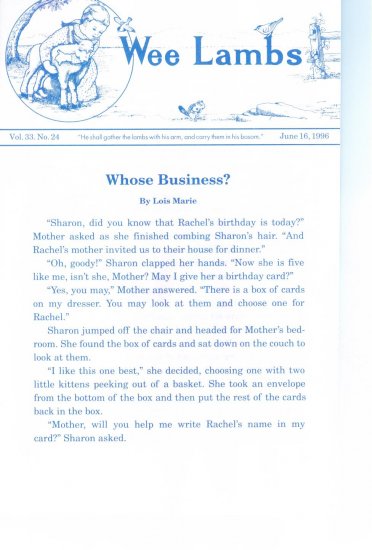 Wee Lambs Volume 33 No. 24 June 16 1996 ~ Rod and Staff Publishers ~ Back Issue Leaflet