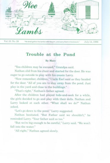 Wee Lambs Volume 33 No. 28 July 14 1996 ~ Rod and Staff Publishers ~ Back Issue Leaflet