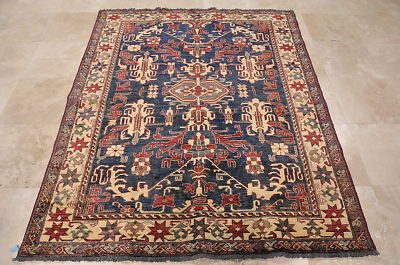 5x7 AREA RUG WOOL HAND KNOTTED TRIBAL KAZAK BLUE IVORY