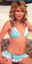 0643SM-61020/M: Gingham Print Bikini with Eyelette Ruffle Trim and Cherry Bead Accent. Medium