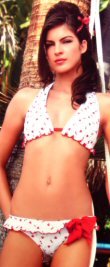0647SM-61010/S: Embroidered Contrast Eyelette Halter Bikini with Ruffle Trim Bottom. Small