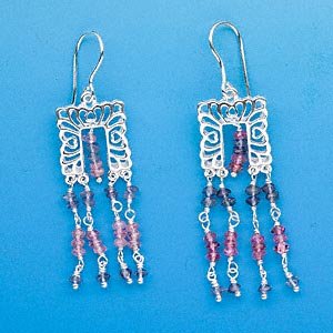Sterling silver dangle earrings with pink tourmaline and iolite