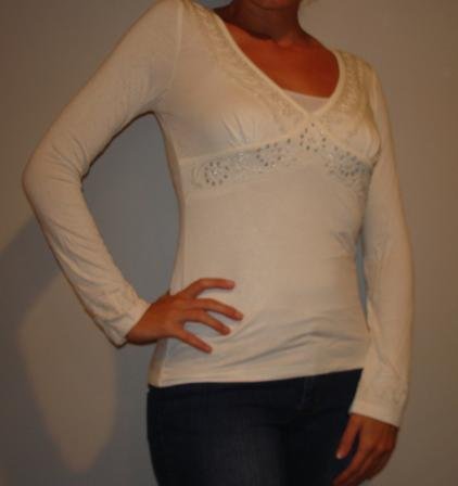 NWT SANJOY cream beaded embroidered long slv shirt sz S, M, L