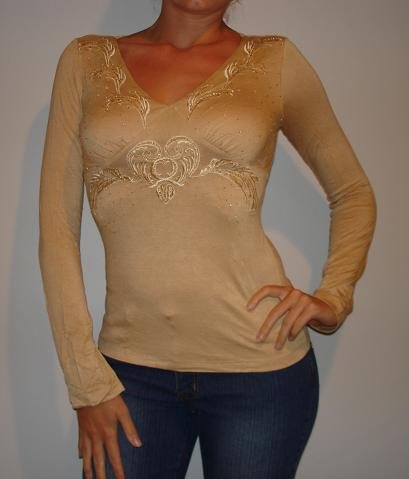 NWT SANJOY tan camel beaded embr long slv shirt sz S