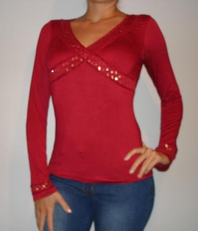 NWT SANJOY red beaded gold star long slv shirt sz L