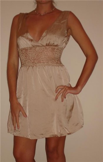NWT KAIDAL tan nude lace satiny empire tank dress sz M, L