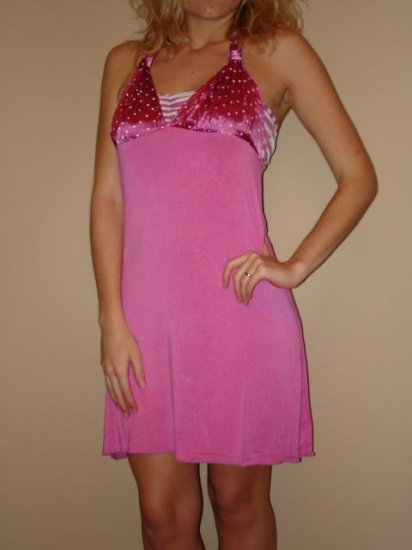 NWT KAIDAL pink white polka dot silk halter dress sz S L