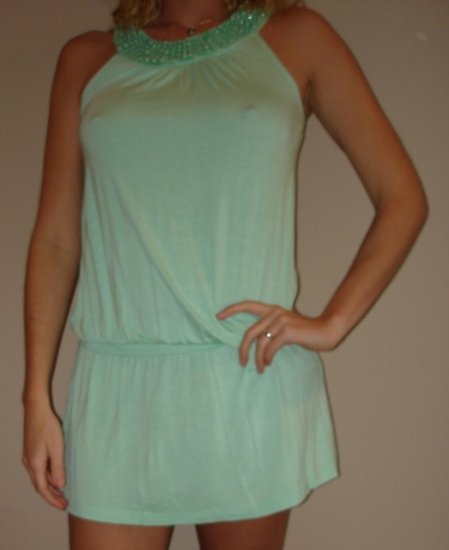 NWT FOREVER 21 light green beaded boho mini dress sz S, M